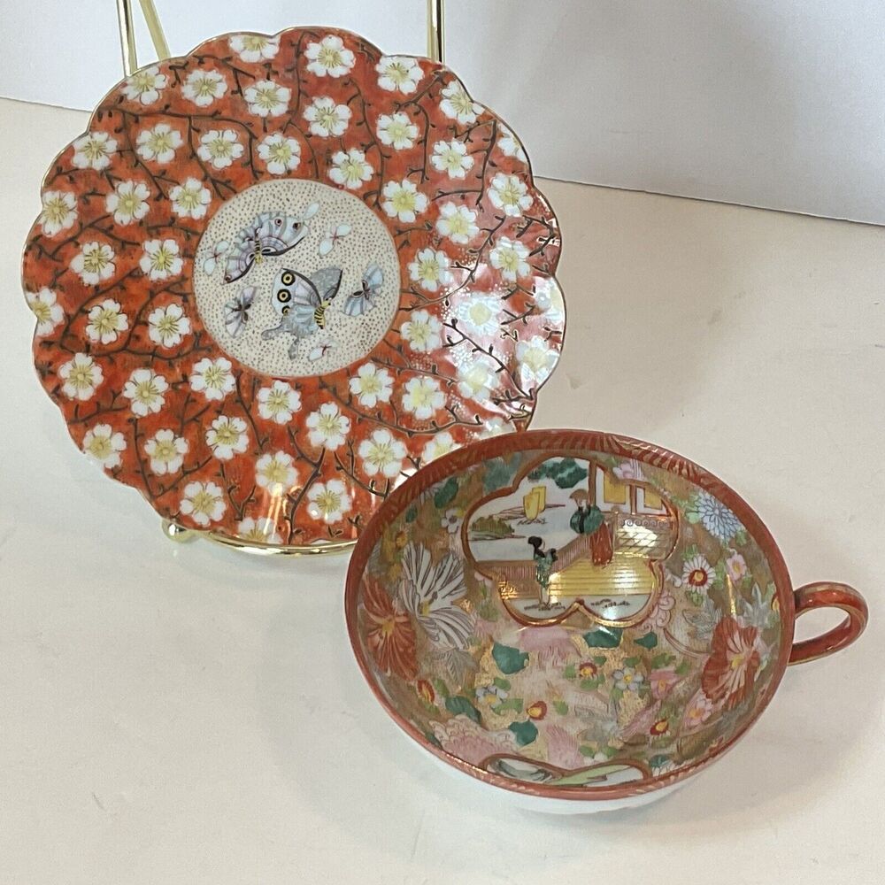 Vintage Chinese Tea Cup And Saucers Medallion Butterfly Orange